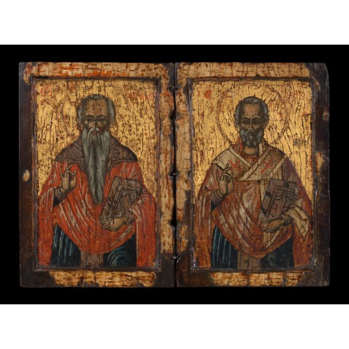 104b - An Antique Greek Diptych Icon of Saint Nicholas and Saint Haralambos. Early 17th century. Acquired f... 