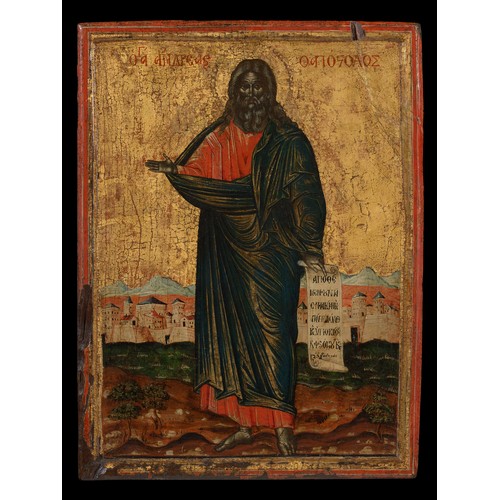 105 - Antique Greek icon of Saint Andrew the Apostle. Greek, Cretan, 16th / 17th century. Tempera on wood ... 