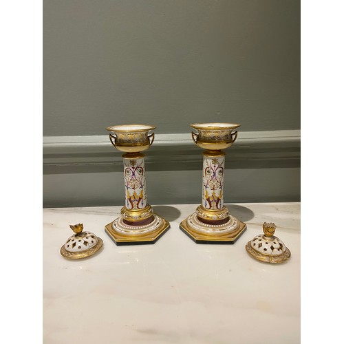 140 - A very rare, early pair of Barr Flight & Barr Worcester porcelain gilded and painted perfume bur... 