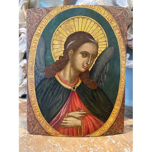 164 - A Balkan Icon of an Angel. 18th Century. Extensive inscriptions. Tempera and gold on panel. Dimensio... 