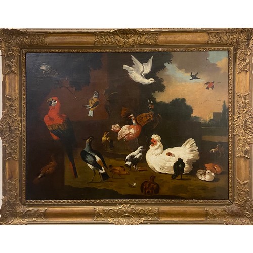 235 - [Δ]Menagerie of exotic birds in a parkland setting. Adriaan van Royen, 1704 - 1779. Oil on can... 