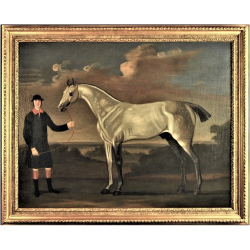 239 - Skim, a Grey Racehorse, with Groom. Daniel Quigley (1750 - 1773).Dimensions: Framed 34 in (H) x... 