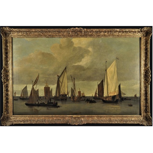 241 - Dutch Ships in a Calm Harbour. Jan Dubbels, 1658 - 1715.Dimensions: Framed: 36 in (H) x 54 in (... 