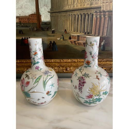 A Pair of 20th Century (?) Porcelain Gourd Shaped Vases. With flowers, butterflies, dragonflies. Marked to the base with a stamp. 
