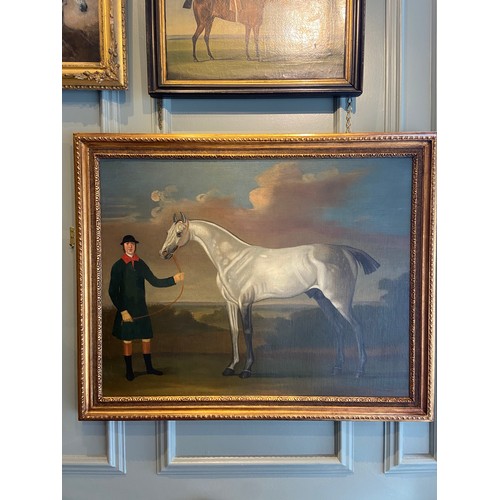 239 - Skim, a Grey Racehorse, with Groom. Daniel Quigley (1750 - 1773).Dimensions: Framed 34 in (H) x... 