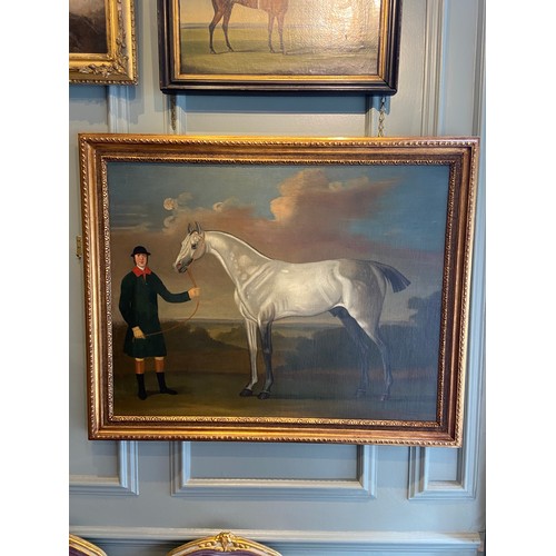 239 - Skim, a Grey Racehorse, with Groom. Daniel Quigley (1750 - 1773).Dimensions: Framed 34 in (H) x... 