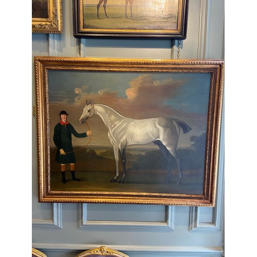 239 - Skim, a Grey Racehorse, with Groom. Daniel Quigley (1750 - 1773).Dimensions: Framed 34 in (H) x... 