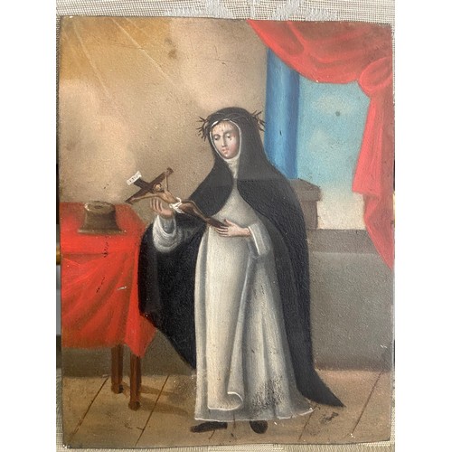 89 - Spanish Colonial School, 18th Century (?)Madonna and Child / A Bleeding Nun (verso)Oil and applied g... 