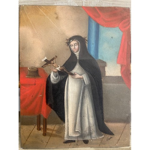 89 - Spanish Colonial School, 18th Century (?)Madonna and Child / A Bleeding Nun (verso)Oil and applied g... 