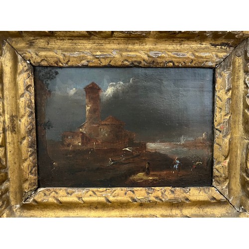 111 - Circle of Francesco Guardi (1712 - 1793)A Coastal LandscapeOil on canvasIn a carved and gilded 18th ... 