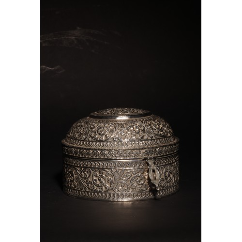 27 - A very large antique South Asian round silver casket with a domed lid and functioning latch.Floral m... 