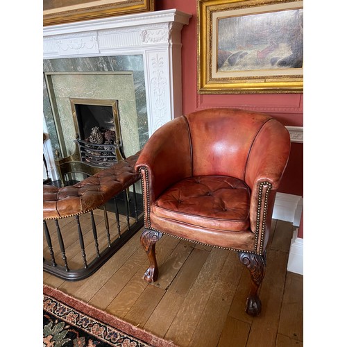 84 - Pair of Leather Upholstered Tub Chairs.Circa 1900.Dimensions:32 in. (H) x 21 in. (W)... 