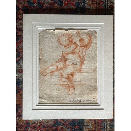 91 - Italian School.17th century.A putto holding a vase and pouring water.Red chalk on paper.Bears inscri... 