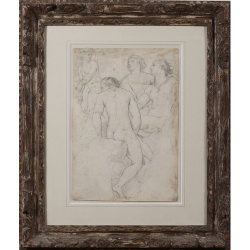 102 - Manner of Raphael Italian School16th centuryThe Three Graces sitting on clouds, cupid at the left, a... 