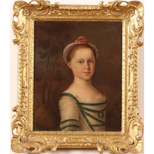 135 - Circle of Hogarth (1697-1764)Half Length Portrait of a Young Girl in a Bonnet in a LandscapeOil on c... 