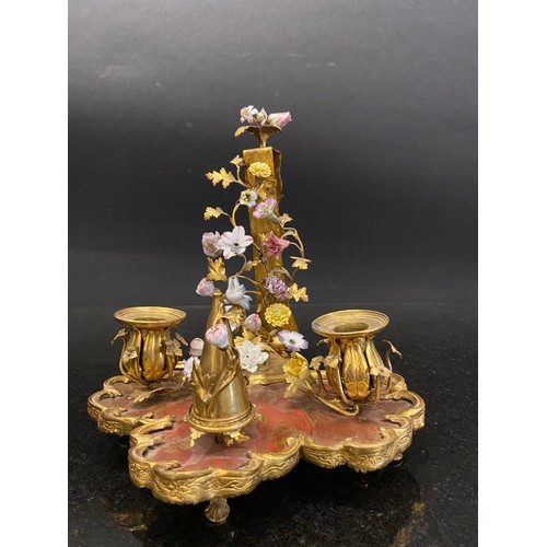 209 - A very Louis XV fine ormolu, scarlet Chinese lacquer, and porcelain bougeoir de paravent with orname... 