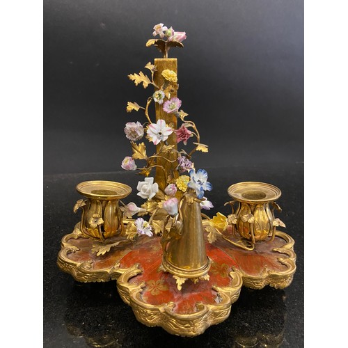 209 - A very Louis XV fine ormolu, scarlet Chinese lacquer, and porcelain bougeoir de paravent with orname... 