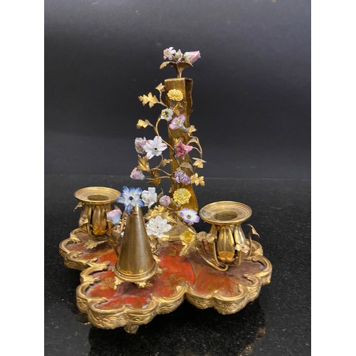 209 - A very Louis XV fine ormolu, scarlet Chinese lacquer, and porcelain bougeoir de paravent with orname... 