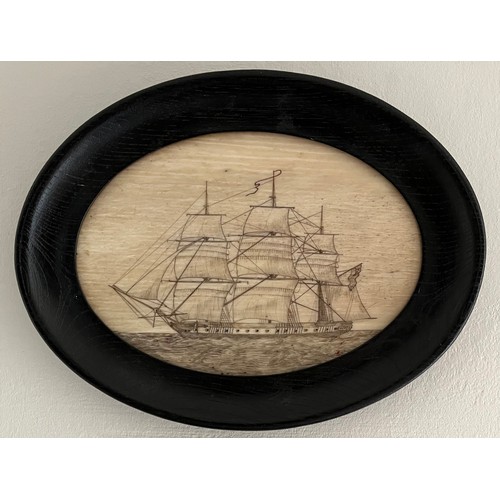 215 - A British sailor work scrimshaw sailor bone plaque c.1810The pan-bone is engraved with a three maste... 