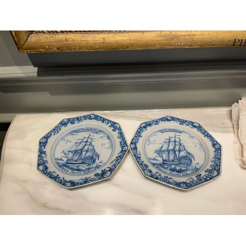 217 - A pair of Liverpool Delftware octagonal ship plates. Dated 1761. Painted in blue with a three-masted... 