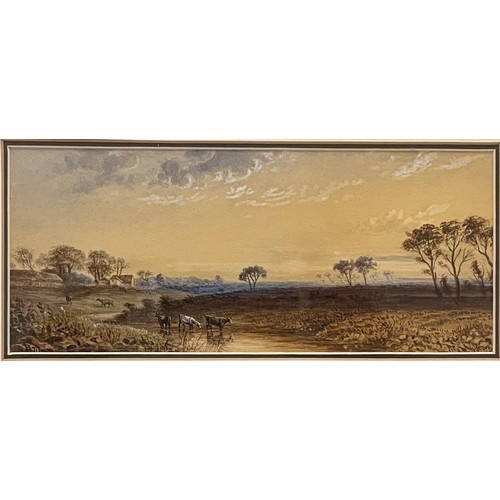 221 - English SchoolPanoramic landscape at dusk with cows in foregroundWatercolour on PaperMonogram lower ... 