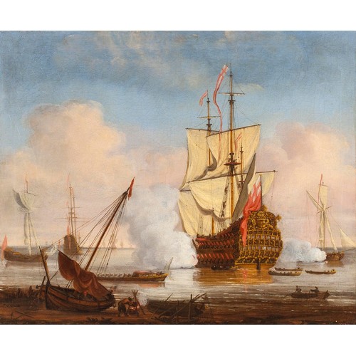 60A - Dutch SchoolCornelis Van de Velde (1675-1729)A British Man-of-War Firing a Salute near the ShoreOil ... 