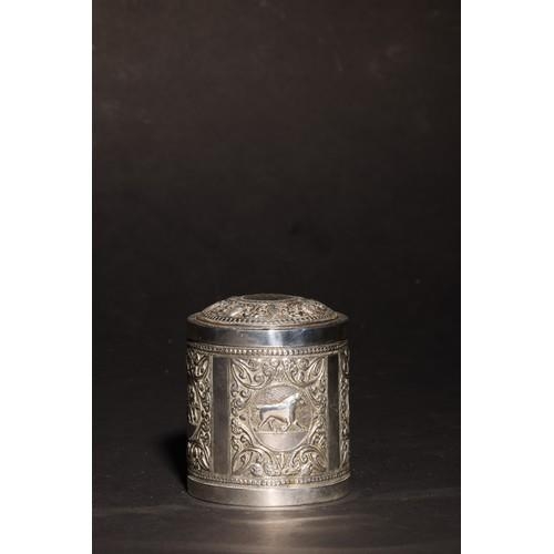 182 - Property of a Distinguished Gentleman of TitleAn antique South Asian lidded, cylindrical silver cask... 