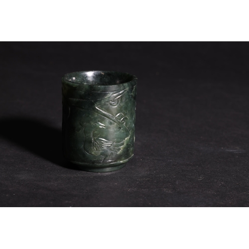 186 - Property of a ladyChinese 17th CenturyJade cylindrical pot Carved with a bird foliageDimensions:7.2 ... 