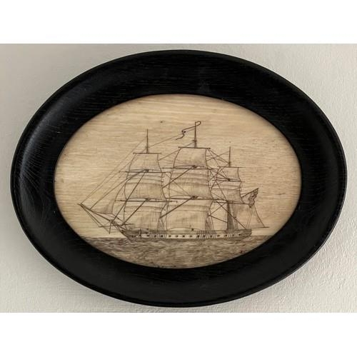 212 - A British sailor work scrimshaw sailor bone plaque c.1810The pan-bone is engraved with a three ... 