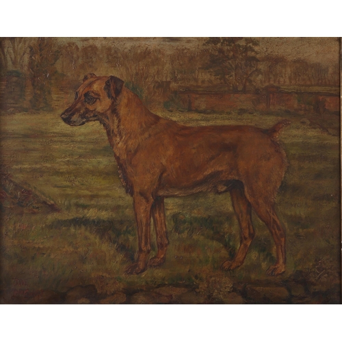41 - Property of a ladyEmms, John (1844-1912)Portrait of 'Joe', a terrier, in a landscapeSigned, lower le... 