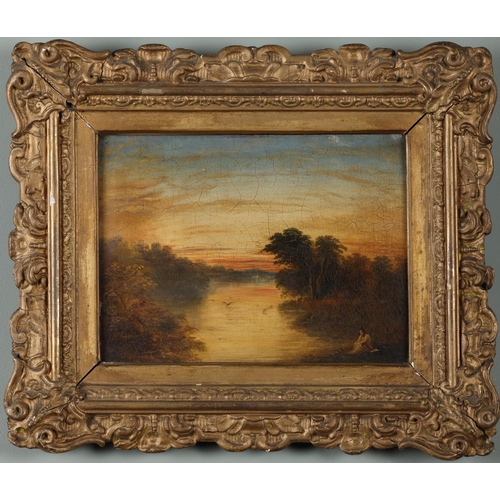 45 - Circle of J. M. W. TurnerRiver landscape with a figureOil on panelExtensively inscribed, verso,... 