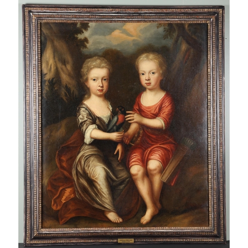 54 - Circle of Sir Godfrey Kneller (1646-1723)Two children playing with a parrotOil on canvas Dimensions:... 