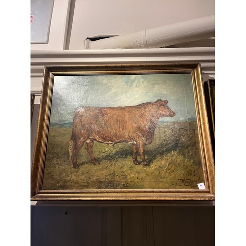 40 - Property of a ladyEmms, John (1844-1912)Portrait of a bull in a landscapeOil on canvasSigned and dat... 