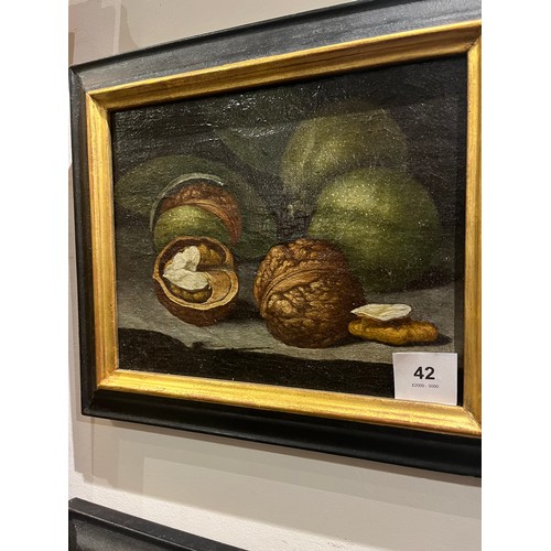 42 - German School17th CenturyOil on Canvas[a]: A Still Life of Walnuts on a Ledge[b]: A Still Life of Co... 