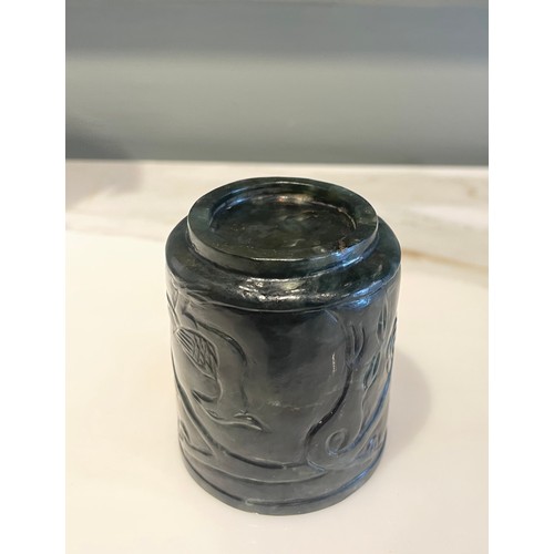 190 - Property of a ladyChinese 17th CenturyJade cylindrical pot Carved with a bird foliageDimensions:7.2 ... 