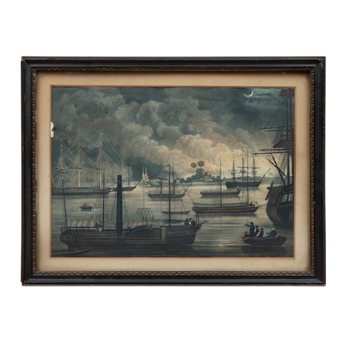 132 - To be sold without reserve19th CenturyThree engravings

A moonlight bay with ships. Hand-coloured aq... 