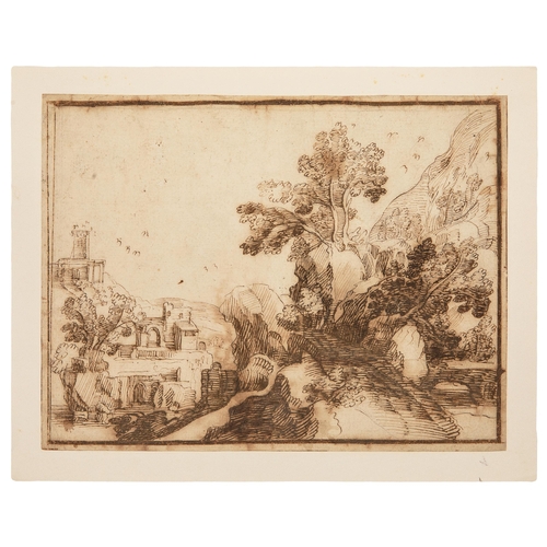 55 - Property of a ladyFollower of Remigio Cantagallina (1582 - 1656)A landscape with a town beyondInk on... 