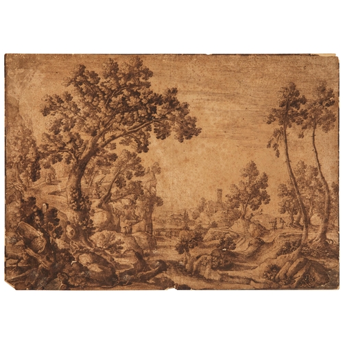 60 - Property of a ladyErcole Bazicaluva (1590 – 1641)A wooded landscape with a village beyondBrown... 