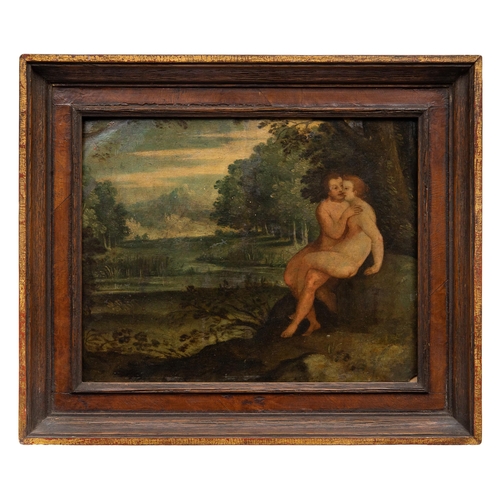 77 - Property of a gentlemanAntwerp School17th CenturyAn amorous couple in a landscapeOil on copperD... 