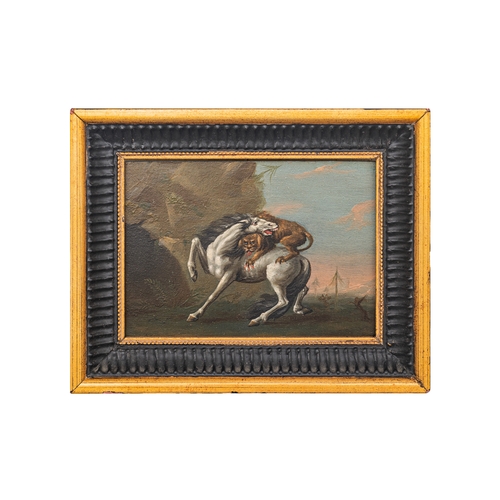 156 - Property of a GentlemanCircle of George Stubbs18th CenturyA pair of horse scenesOil on panelInscribe... 