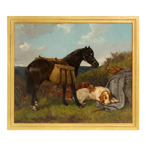 218 - Property of a GentlemanJohn Sargent Noble (Scottish, 1848 - 1896)A pack pony with two resting setter... 