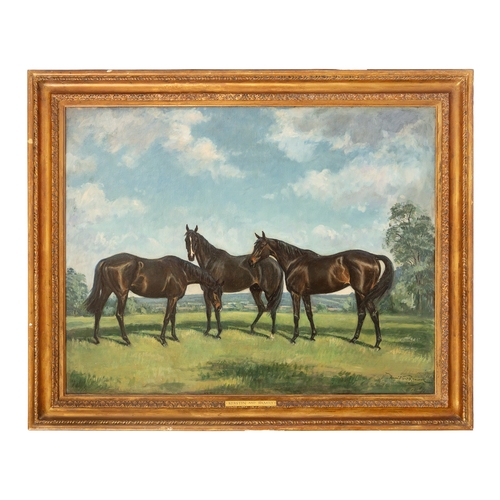 212 - Property of a GentlemanLionel Hamilton Renwick (1917 - 2003)Three dark bay thoroughbreds in a landsc... 