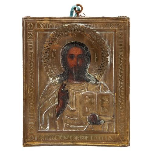 194 - Property of a LadyRussianAntiqueTwo brass covered wooden icons[a] Christ[b] The Virgin and ChildOil ... 