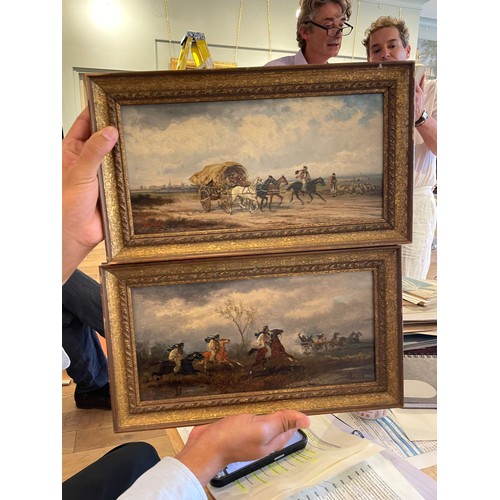 177 - Property of a GentlemanRudolf Stone19th CenturyA pair of scenes of travellers in a landscapeOil on b... 