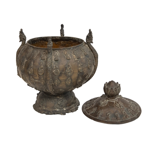 352A - Property of a LadyKhmer (?)AntiqueA bronze lidded vessel with Buddha Mucalinda motifs With four figu... 