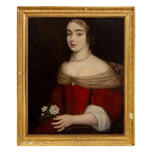 127 - Property of a GentlemanFrench School16th/17th CenturyPortrait of a girl holding a white carnationOil... 