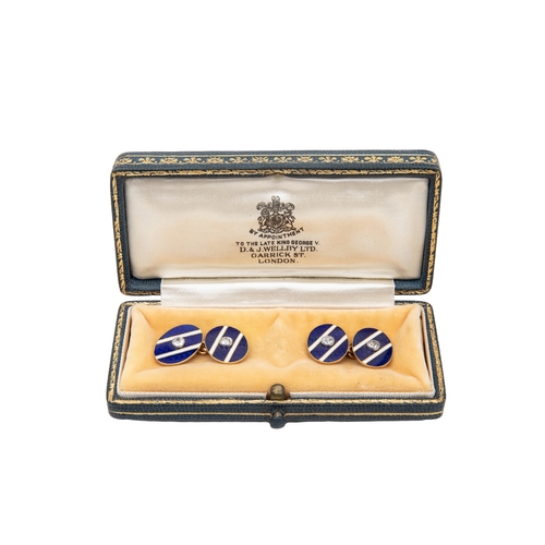 112 - Property of a LadyA pair of gold, blue enamel and diamond cufflinksIn a D&J Welby Ltd. presentat... 