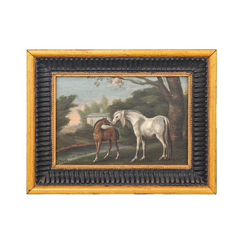 156 - Property of a GentlemanCircle of George Stubbs18th CenturyA pair of horse scenesOil on panelInscribe... 