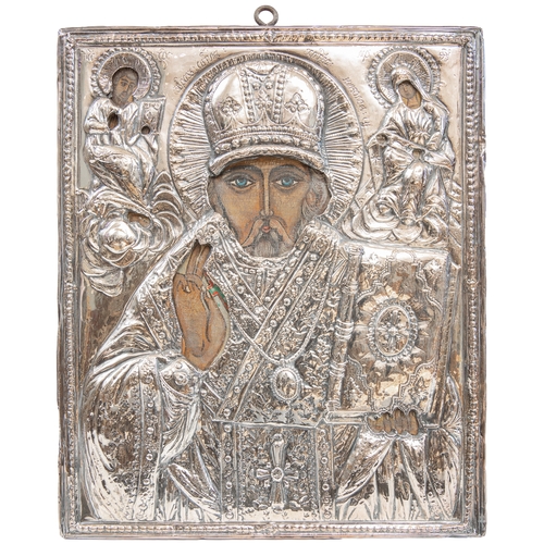 193 - Property of a LadyRussian18th Century or earlierA pair of silver embossed iconsOil on panel, with em... 