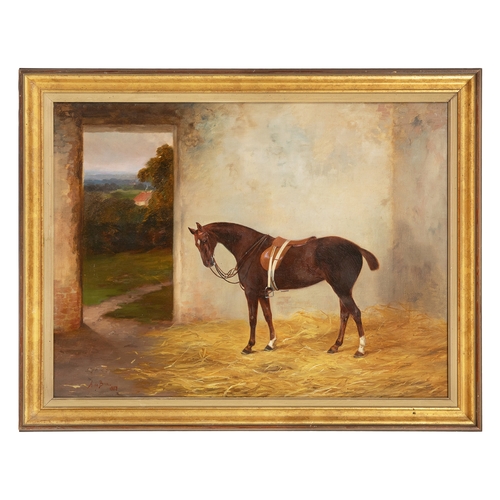 210 - Property of a GentlemanAnthony de Bree (1855 - 1921)A thoroughbred in a stableOil on canvasDimension... 